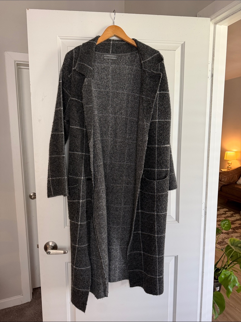 Anthropologie Long Open Front Windowpane Cardigan/sweatercoat - Charcoal Gray